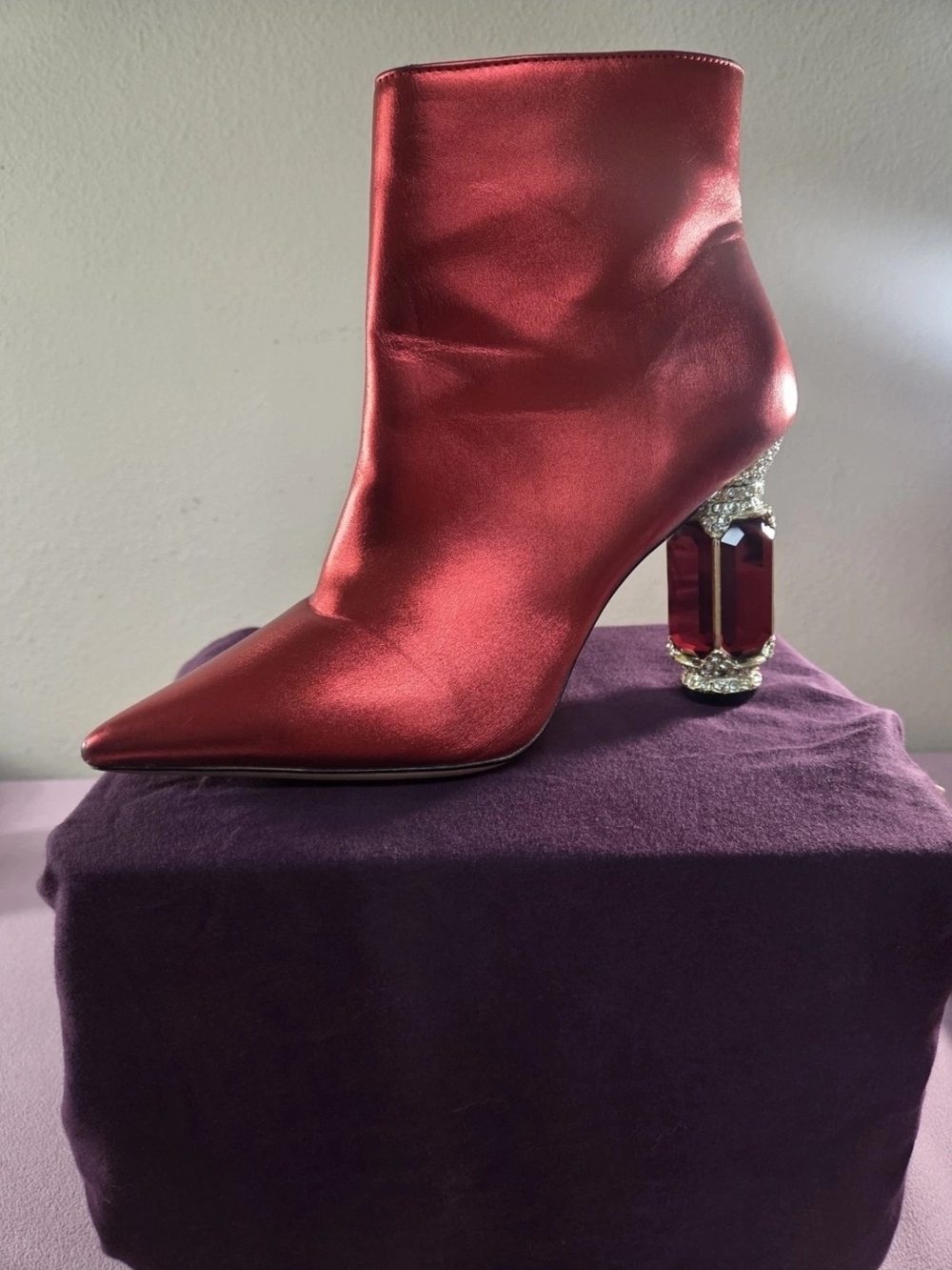 Metallic Red Jewel-Embellished Ankle Booties - Picture 2 of 6